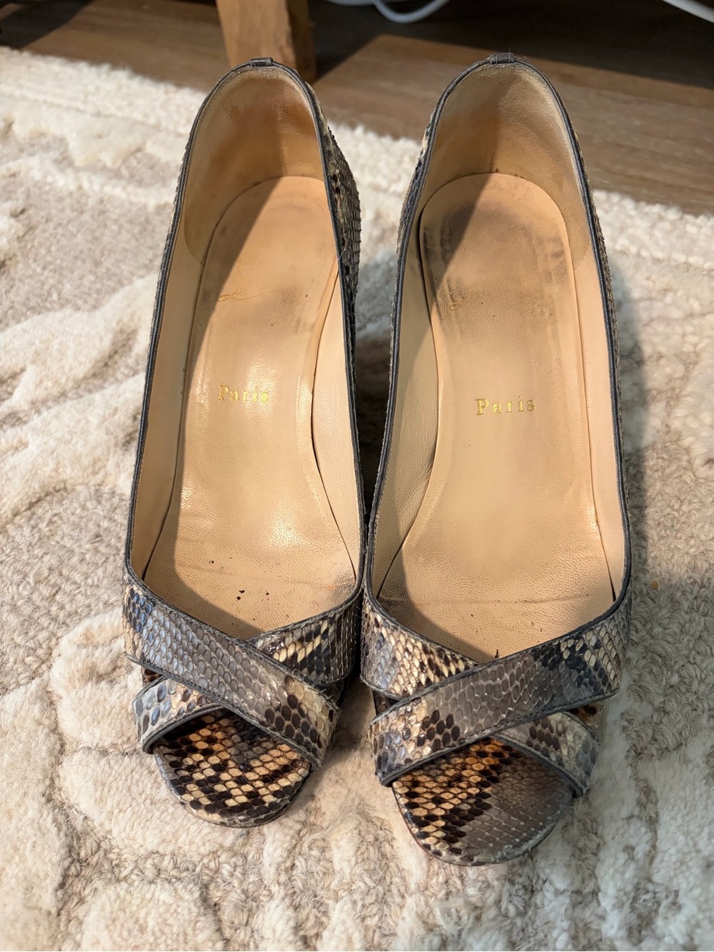 Christian Louboutin Gray Snakeskin Open-Toe Pumps